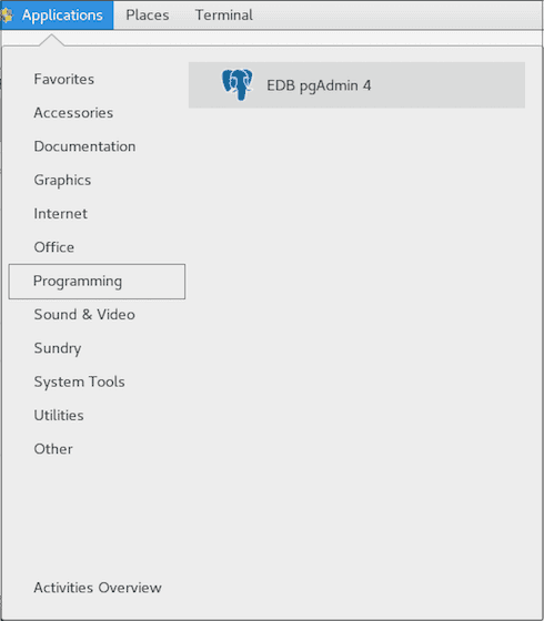 Accessing pgAdmin 4 from Applications Menu.