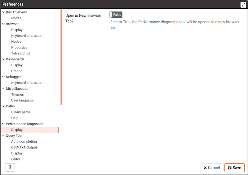 Preferences dialog - Performance Diagnostic Display option