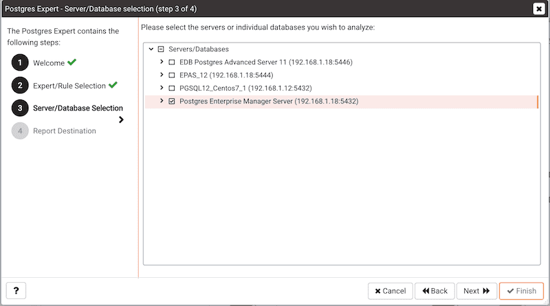 Postgres Expert Wizard - Server/Database Selection page