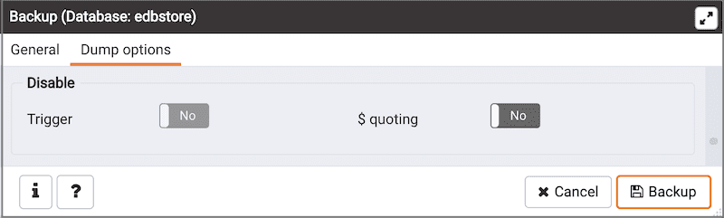Backup dialog - Dump Options tab - Disable options